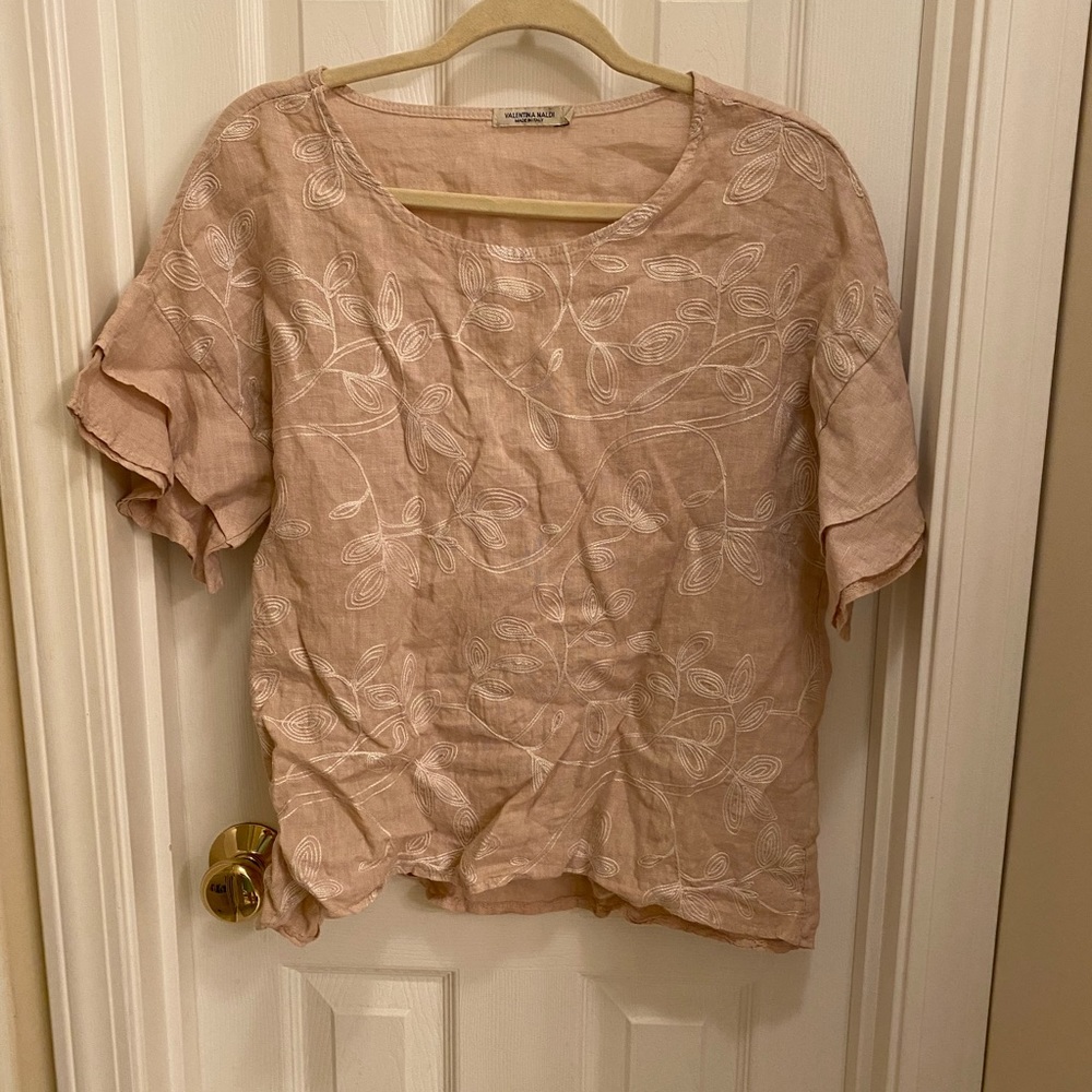 Valentina Naldi 100% Linen Blush Pink Top Flutter Tiered Ruffle Sleeves Beach